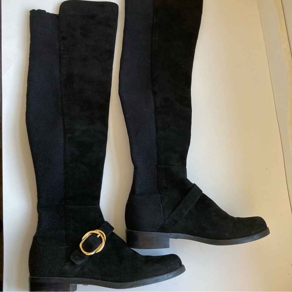 Stuart Weitzman Black Over-the-Knee Suede Boots with Gold Accent - Picture 7 of 16